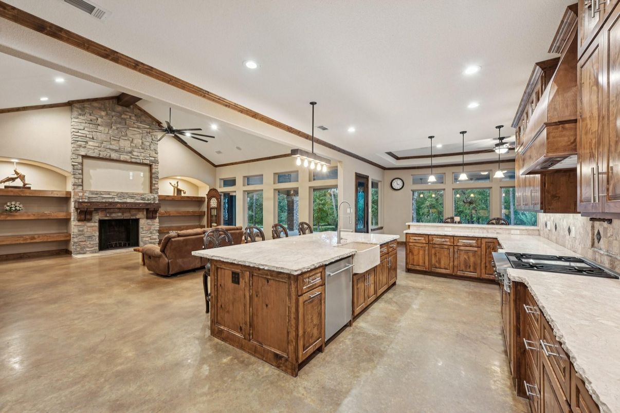 Fireplace, Interior, Kitchen, Living room, Pendant Lights, Recessed Lighting, Stone Walls