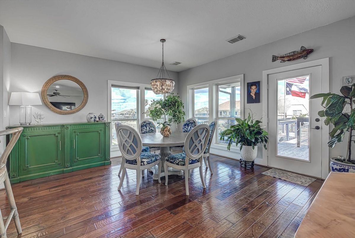 Dining room, Interior, Pendant Lights, Wood Texture Flooring