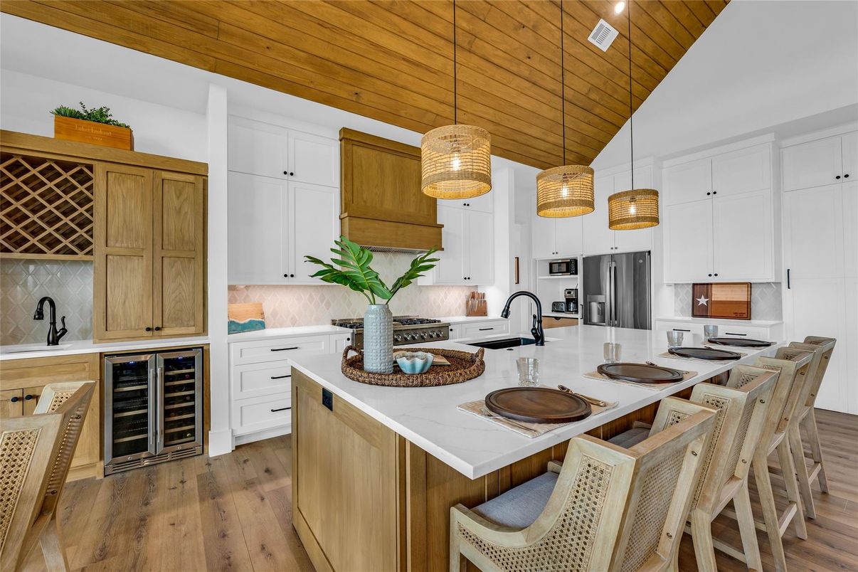 Interior, Kitchen, Pendant Lights, Stainless Steel Appliances, Wooden Ceilings, Wood Texture Flooring