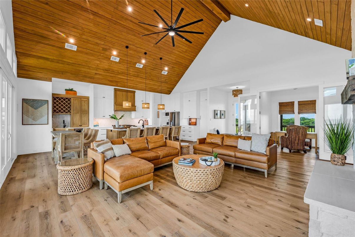 Interior, Kitchen, Living room, Pendant Lights, Recessed Lighting, Wooden Ceilings, Wood Texture Flooring