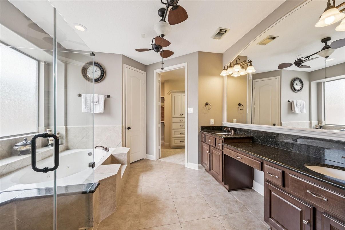 Bathroom, Dual Sink Vanities, Glass Shower, Interior, Recessed Lighting