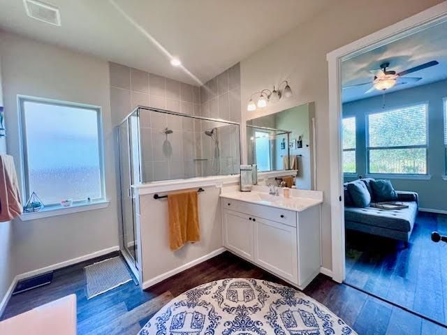 Bathroom, Glass Shower, Interior, Recessed Lighting, Wood Texture Flooring