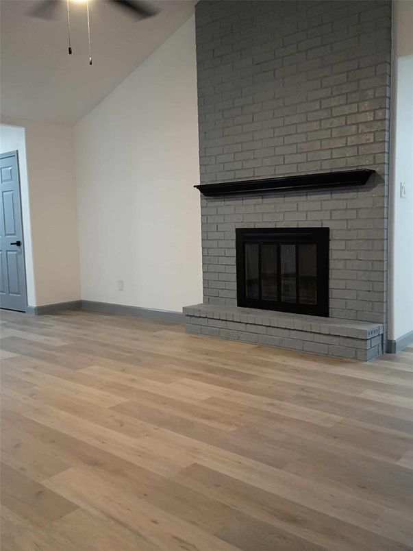 Empty room, Fireplace, Interior, Stone Walls, Wood Texture Flooring