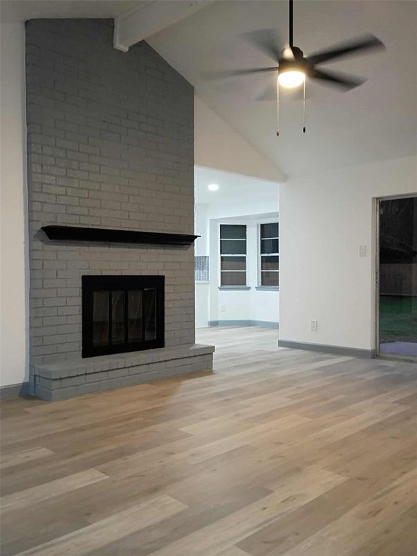 Empty room, Fireplace, Interior, Stone Walls, Wood Texture Flooring