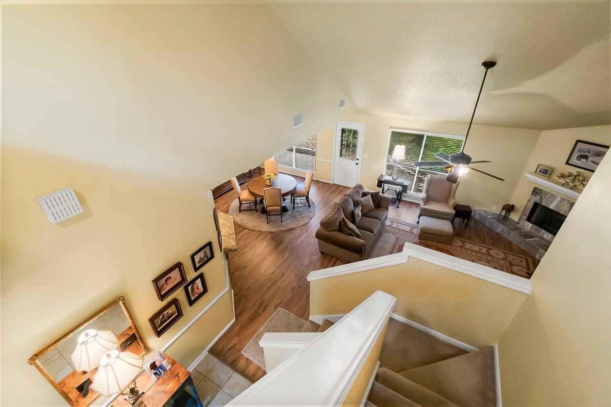 Dining room, Fireplace, Interior, Living room, Pendant Lights, Wood Texture Flooring