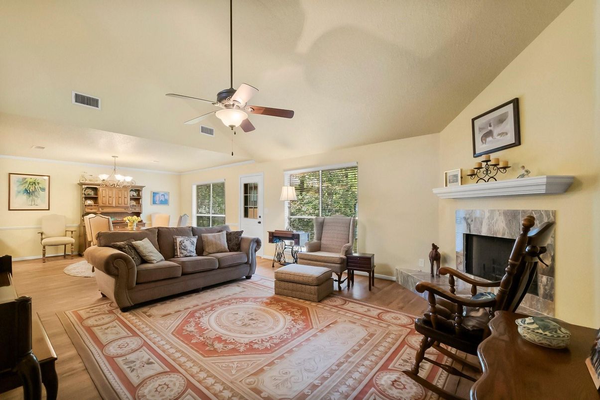 Chandelier, Dining room, Fireplace, Interior, Living room, Wood Texture Flooring