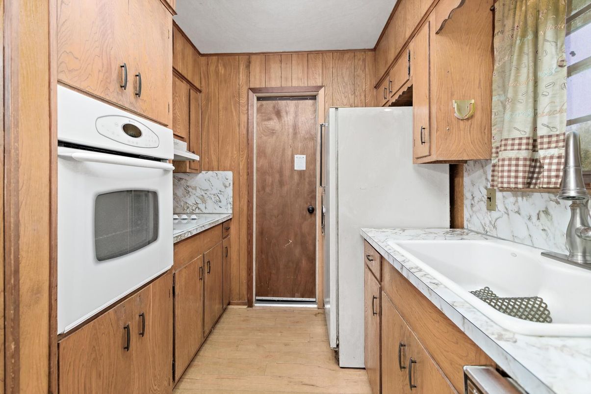 Interior, Kitchen, Tile Countertops, Wood Texture Flooring