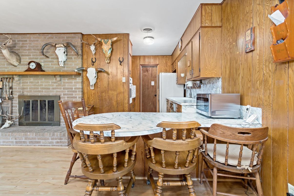 Dining room, Fireplace, Interior, Kitchen, Stone Walls, Wood Texture Flooring, Wooden Walls