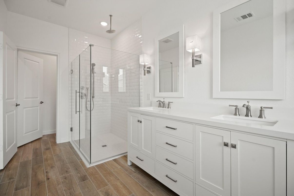 Bathroom, Dual Sink Vanities, Glass Shower, Interior, Recessed Lighting, Wood Texture Flooring