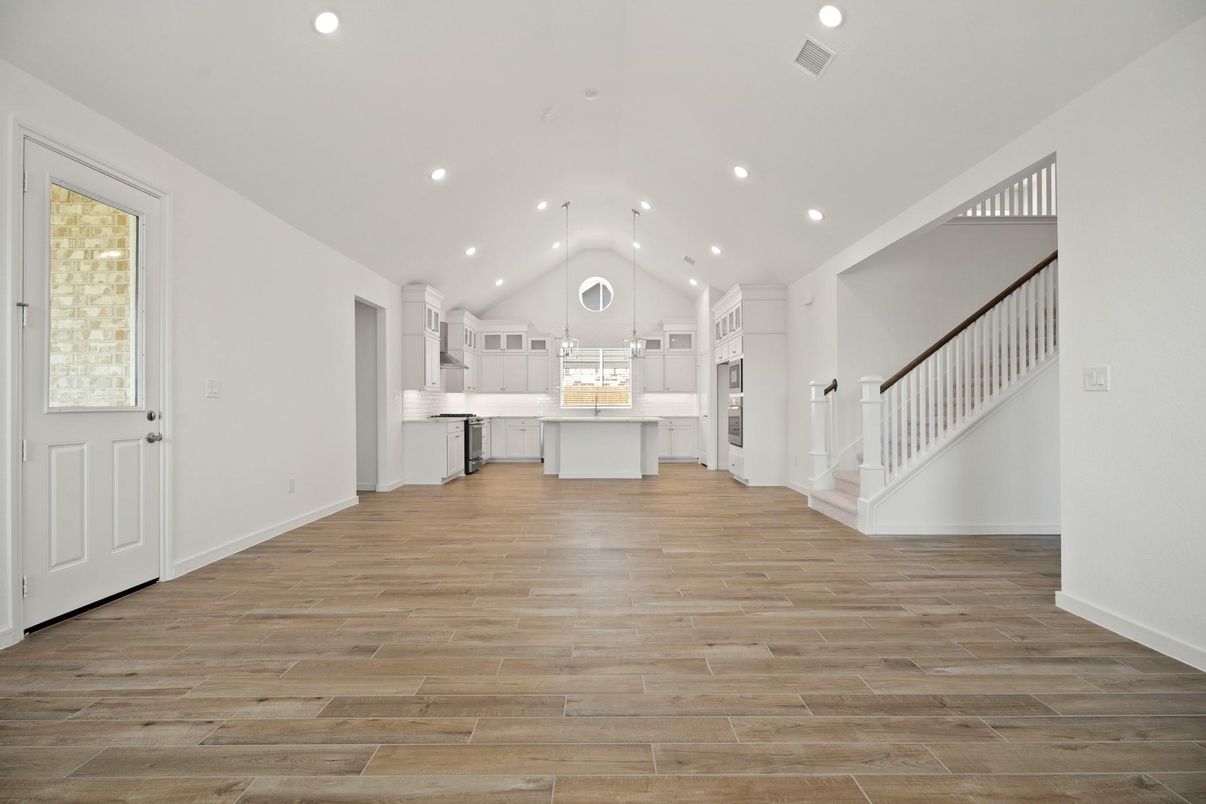 Interior, Kitchen, Pendant Lights, Recessed Lighting, Wood Texture Flooring