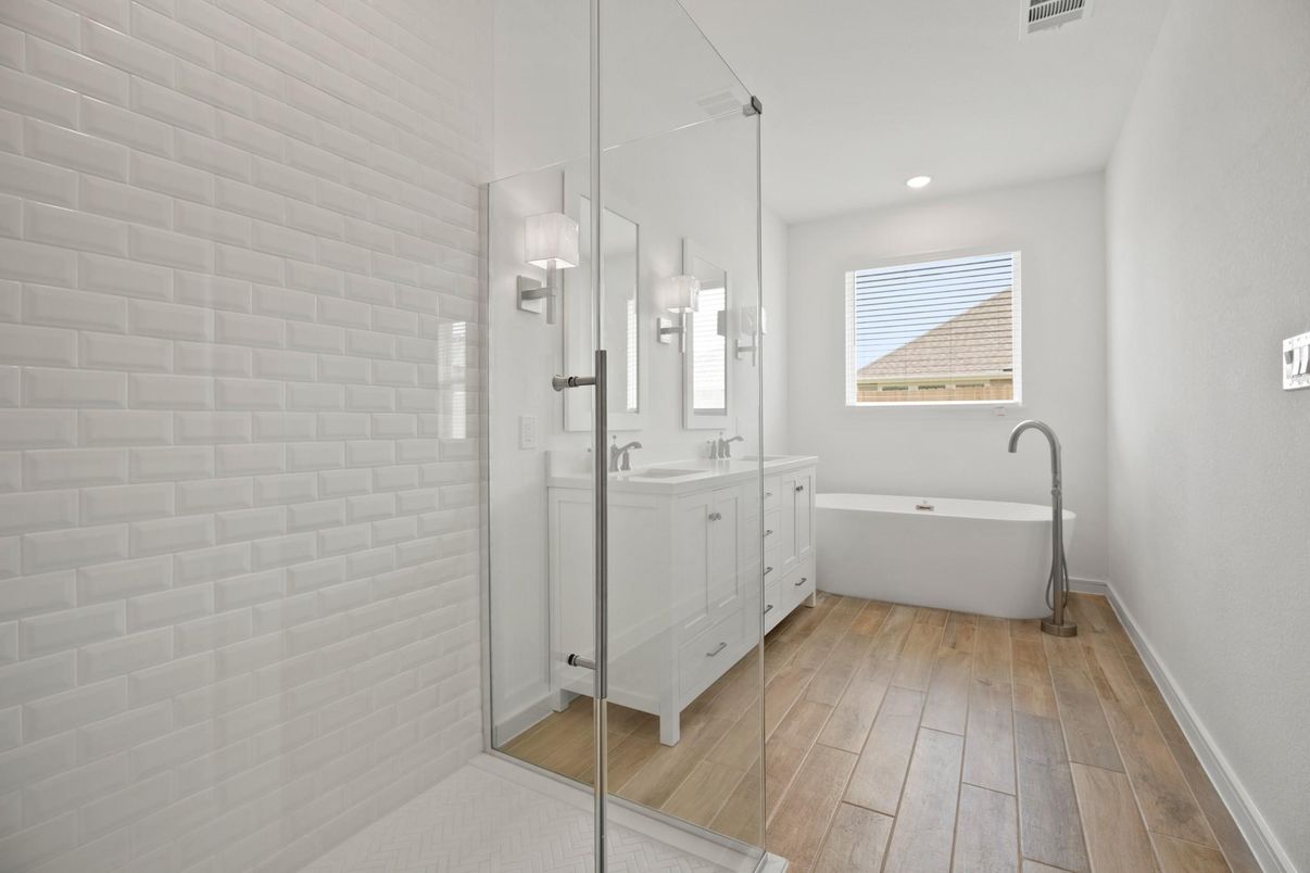 Bathroom, Dual Sink Vanities, Free Standing Baths, Interior, Recessed Lighting, Wood Texture Flooring
