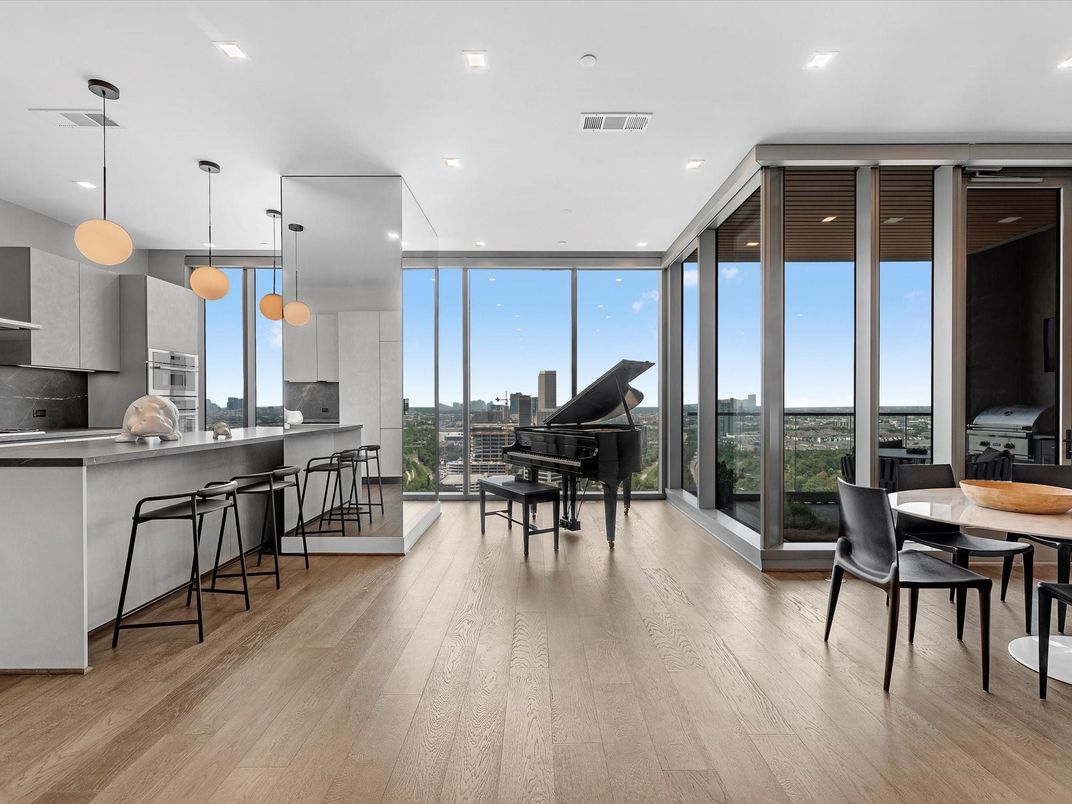 Dining room, Interior, Kitchen, Pendant Lights, Piano, Recessed Lighting, Wood Texture Flooring