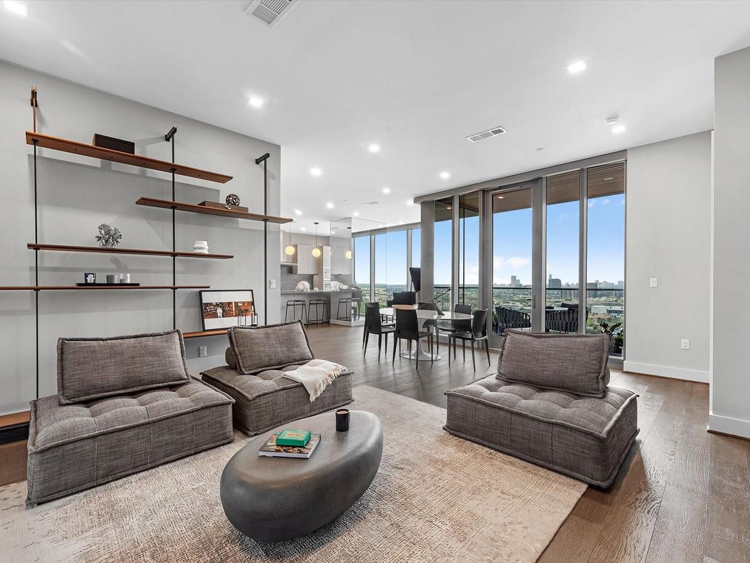 Dining room, Interior, Living room, Pendant Lights, Recessed Lighting, Wood Texture Flooring