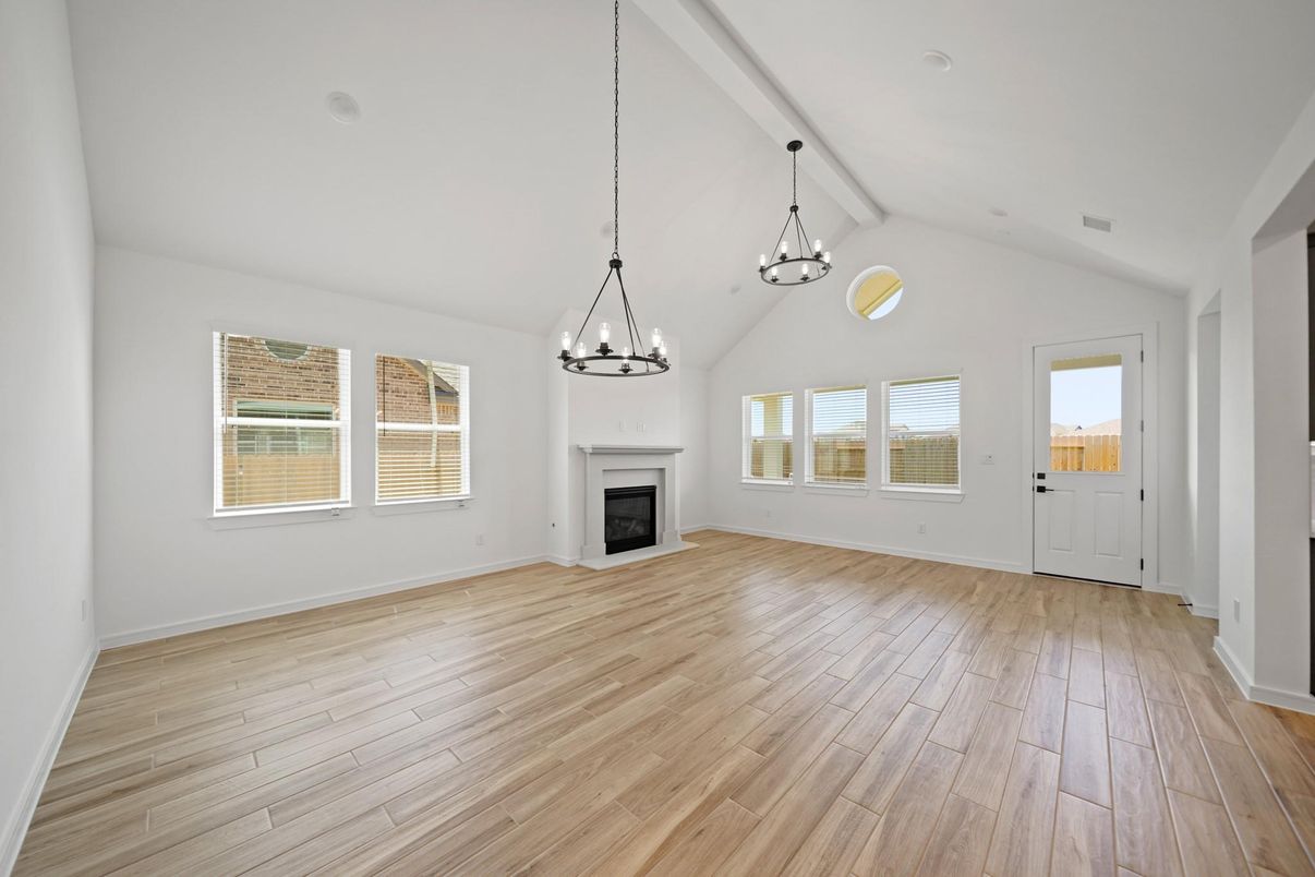 Chandelier, Empty room, Fireplace, Interior, Pendant Lights, Wood Texture Flooring