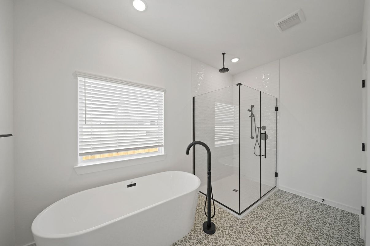 Bathroom, Free Standing Baths, Glass Shower, Interior, Recessed Lighting