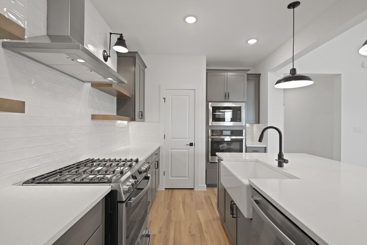 Interior, Kitchen, Pendant Lights, Recessed Lighting, Stainless Steel Appliances, Wood Texture Flooring