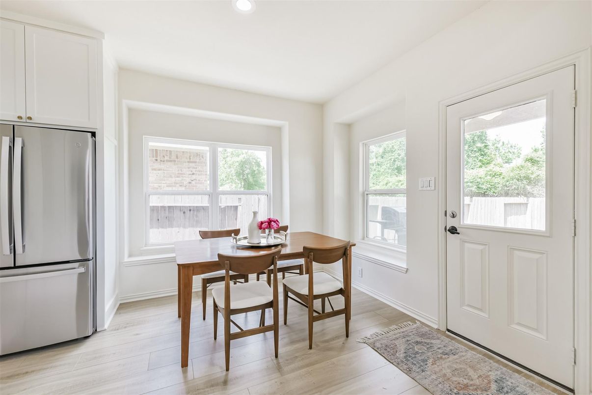 Dining room, Interior, Recessed Lighting, Wood Texture Flooring