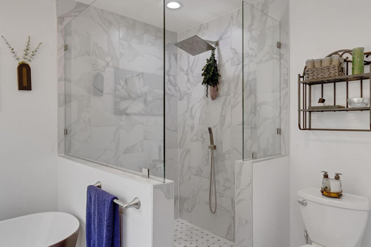 Bathroom, Glass Shower, Interior, Marble Walls, Recessed Lighting