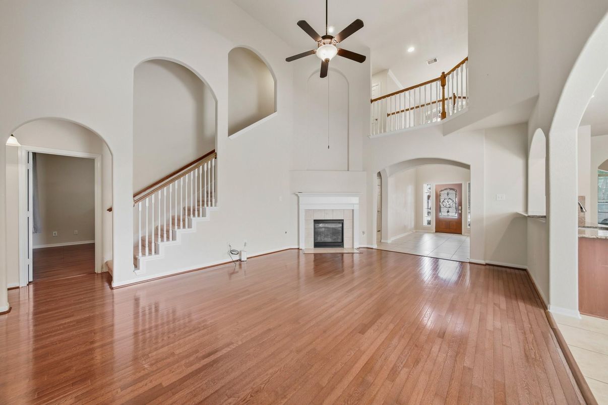 Fireplace, Interior, Recessed Lighting, Wood Texture Flooring
