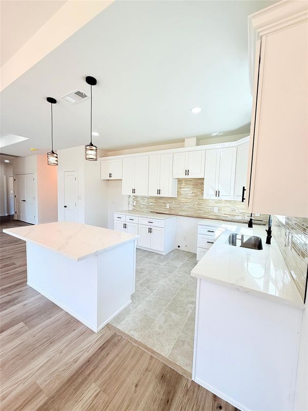 Interior, Kitchen, Pendant Lights, Recessed Lighting, Wood Texture Flooring