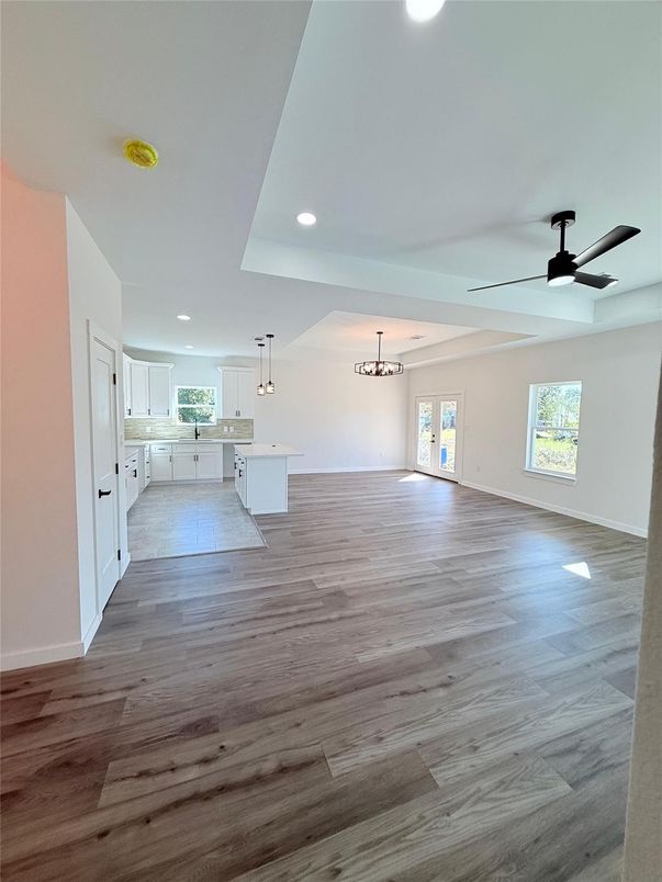 Empty room, Interior, Kitchen, Pendant Lights, Recessed Lighting, Wood Texture Flooring