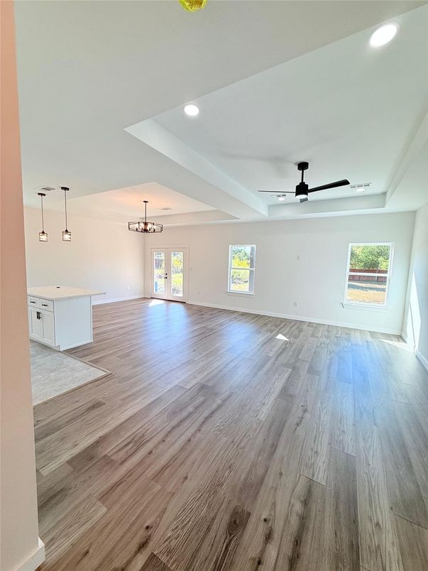 Empty room, Interior, Pendant Lights, Recessed Lighting, Wood Texture Flooring
