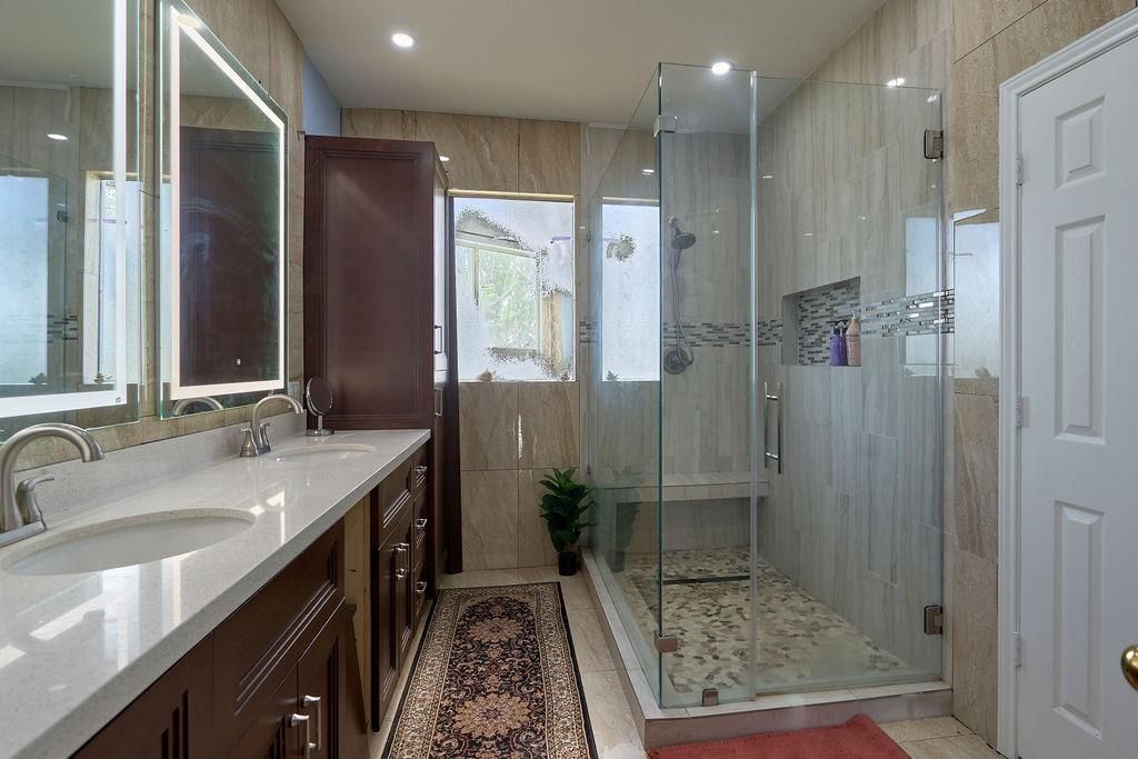 Bathroom, Dual Sink Vanities, Glass Shower, Interior, Recessed Lighting