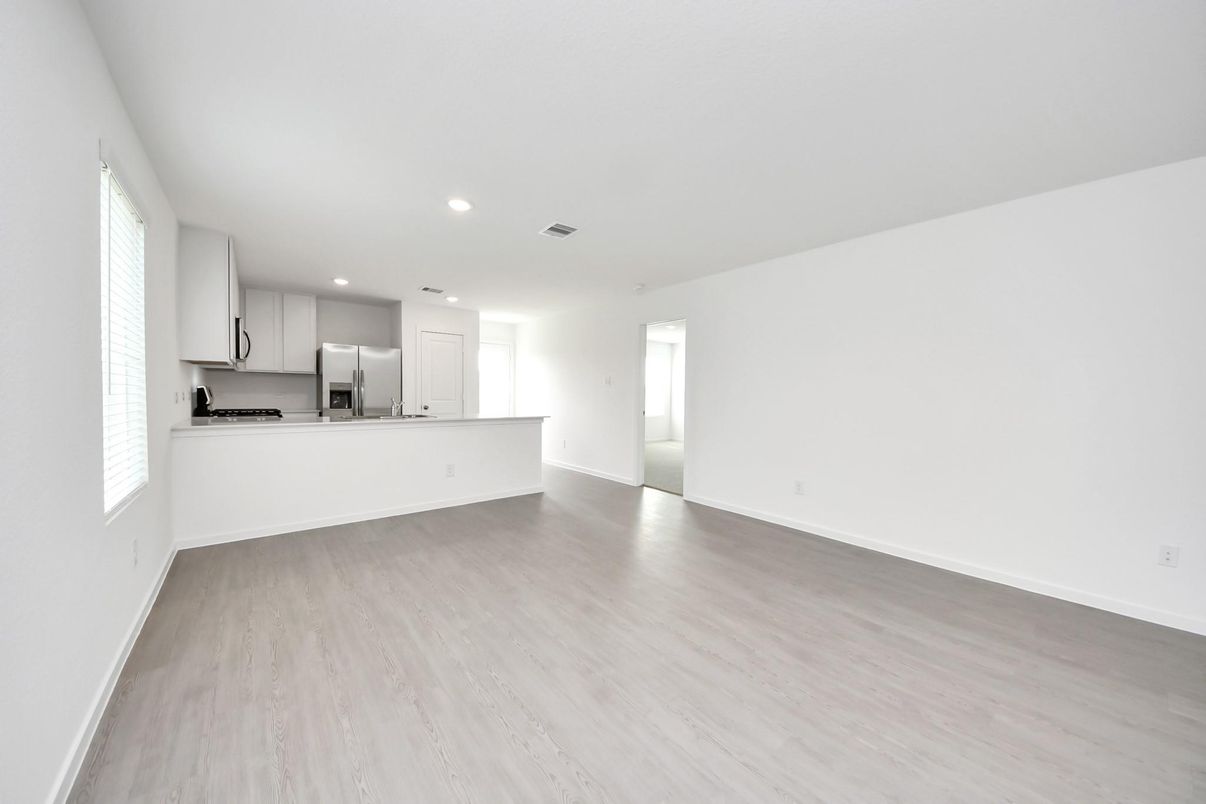 Empty room, Interior, Kitchen, Recessed Lighting, Wood Texture Flooring