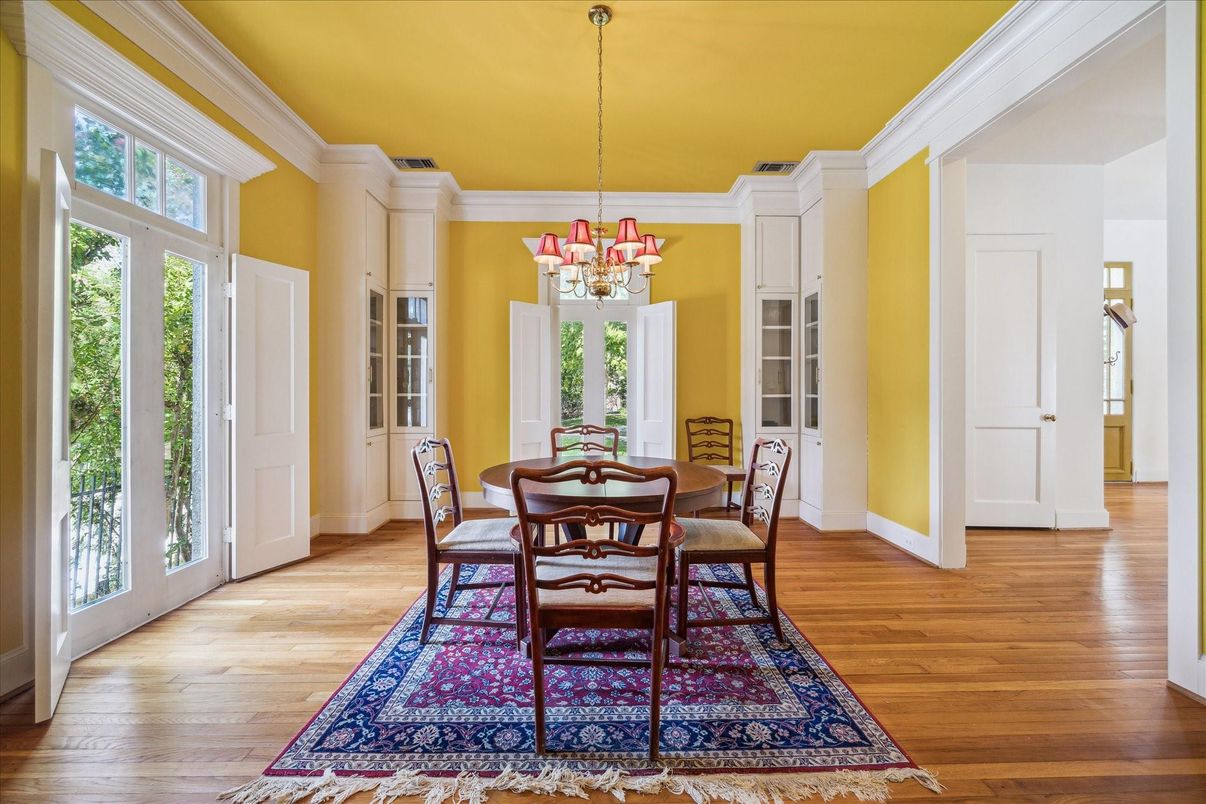 Chandelier, Dining room, Interior, Wood Texture Flooring