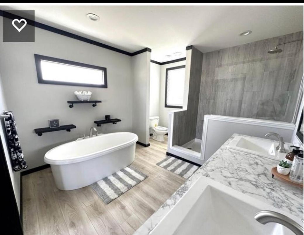Bathroom, Dual Sink Vanities, Free Standing Baths, Interior, Recessed Lighting, Wood Texture Flooring