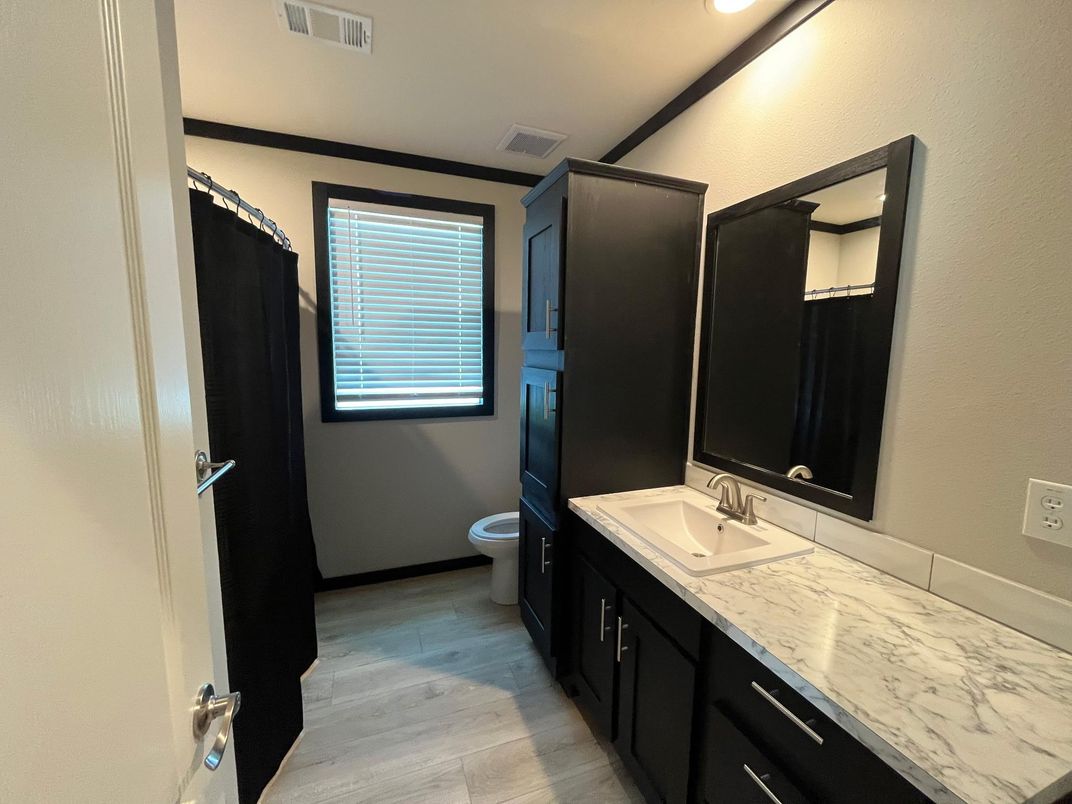 Bathroom, Dual Sink Vanities, Interior, Recessed Lighting, Wood Texture Flooring
