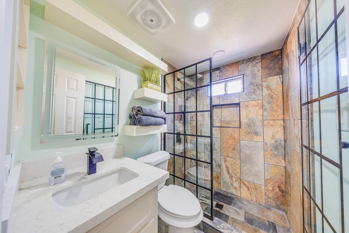 Bathroom, Glass Shower, Interior, Recessed Lighting