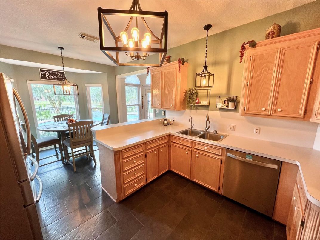Dining room, Interior, Kitchen, Pendant Lights, Wood Texture Flooring