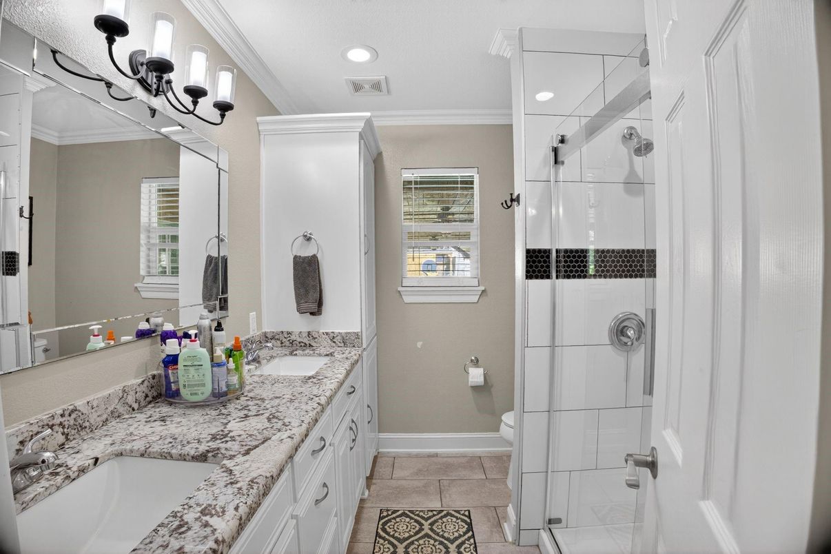 Bathroom, Dual Sink Vanities, Glass Shower, Interior, Recessed Lighting