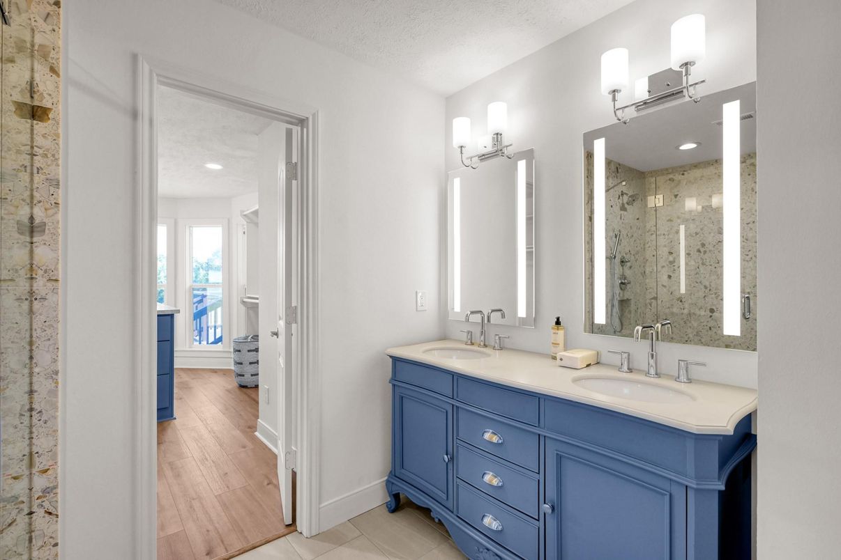Bathroom, Dual Sink Vanities, Glass Shower, Interior, Recessed Lighting, Wood Texture Flooring