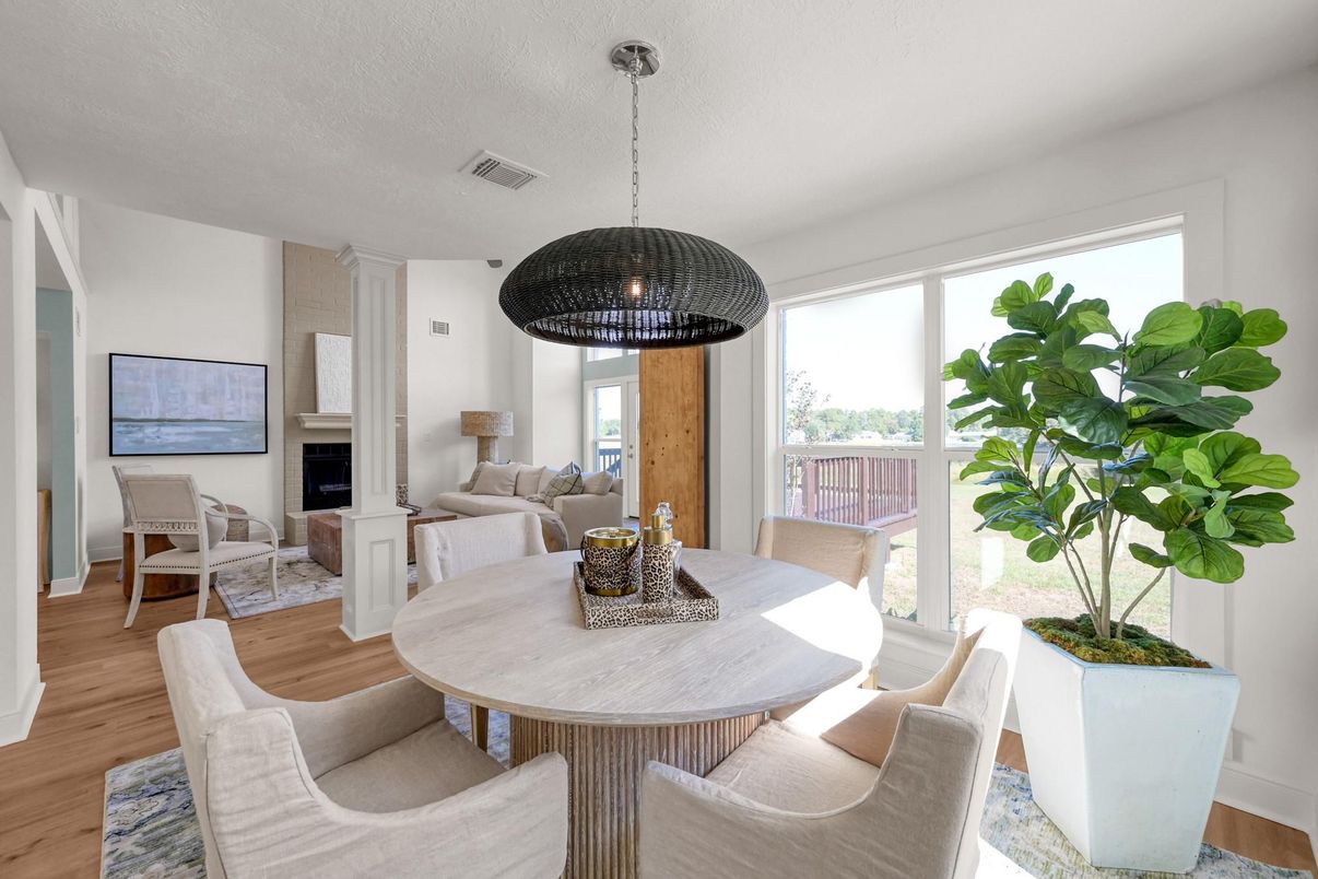 Dining room, Fireplace, Interior, Living room, Pendant Lights, Wood Texture Flooring