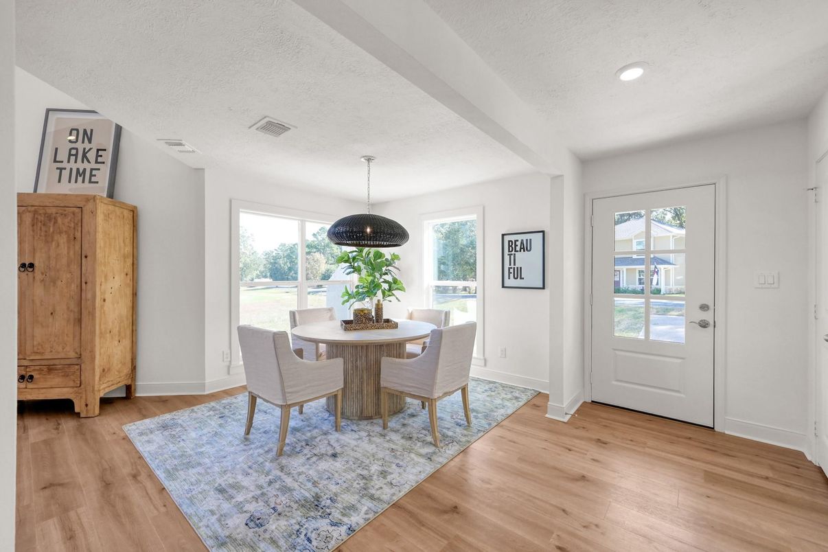 Dining room, Interior, Pendant Lights, Recessed Lighting, Wood Texture Flooring