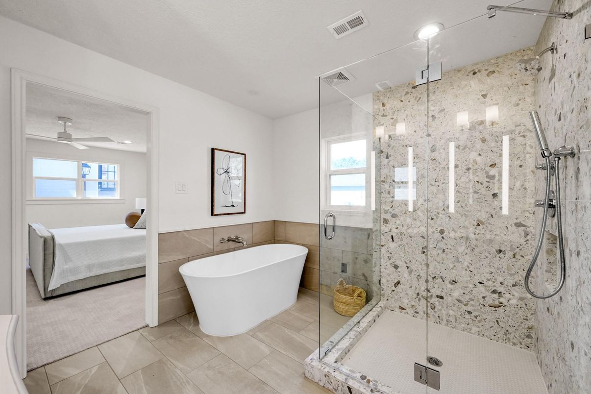 Bathroom, Free Standing Baths, Glass Shower, Interior, Recessed Lighting