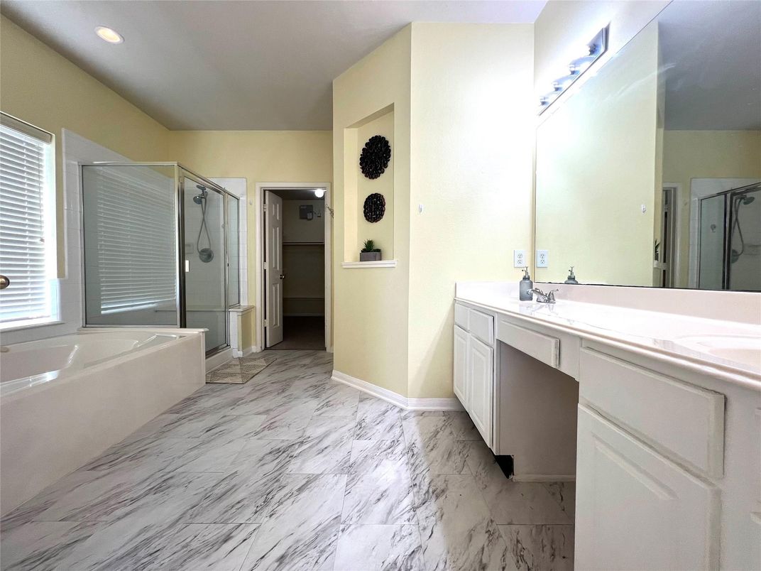Bathroom, Dual Sink Vanities, Glass Shower, Interior, Marble, Recessed Lighting
