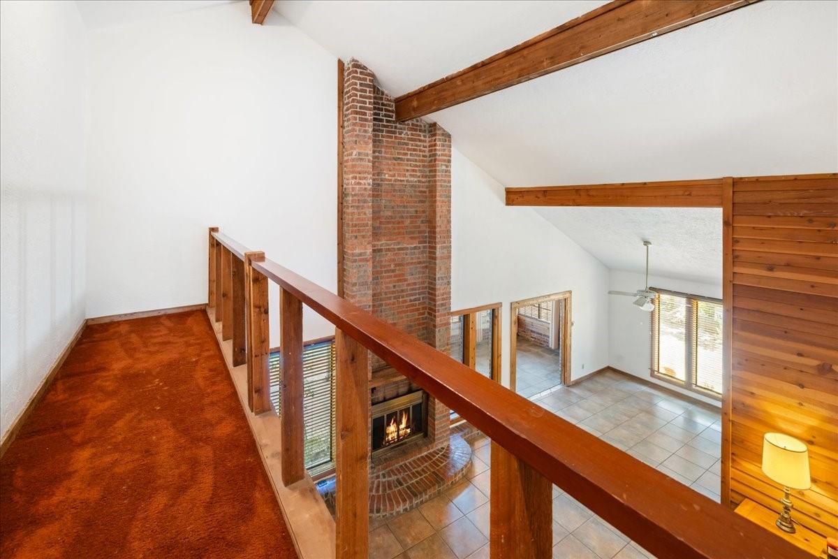 Empty room, Fireplace, Interior, Pendant Lights, Wooden Beams, Wooden Walls