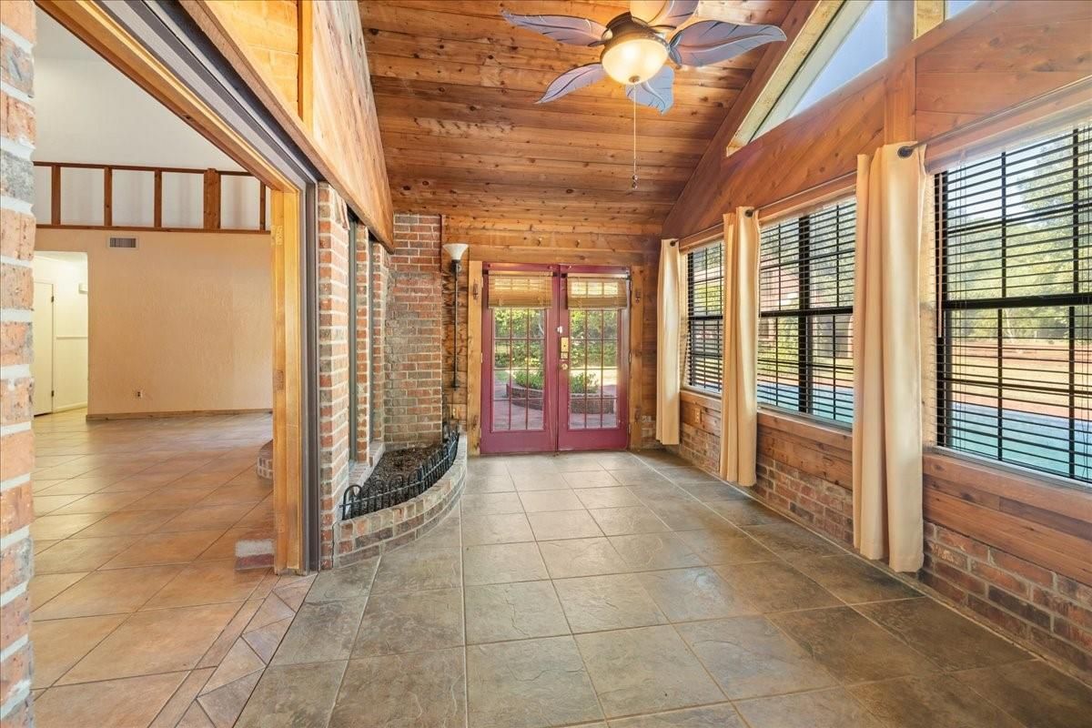 Empty room, Fireplace, Interior, Stone Walls, Wooden Ceilings, Wooden Walls