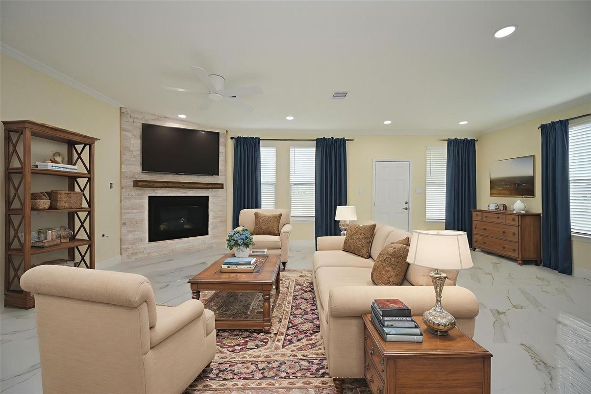 Fireplace, Interior, Living room, Marble, Recessed Lighting, Stone Walls