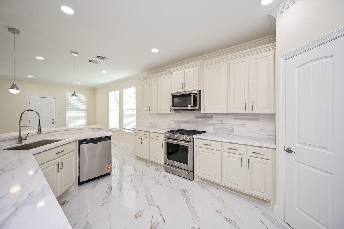 Interior, Kitchen, Marble, Pendant Lights, Recessed Lighting, Stainless Steel Appliances
