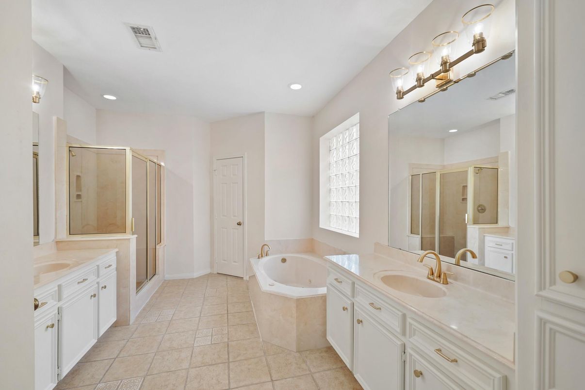 Bathroom, Dual Sink Vanities, Glass Shower, Interior, Recessed Lighting