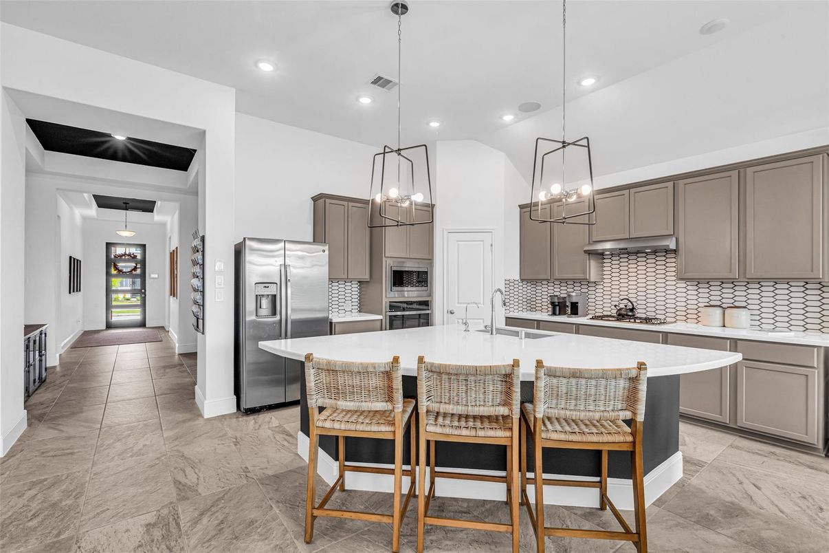Interior, Kitchen, Marble, Pendant Lights, Recessed Lighting, Stainless Steel Appliances