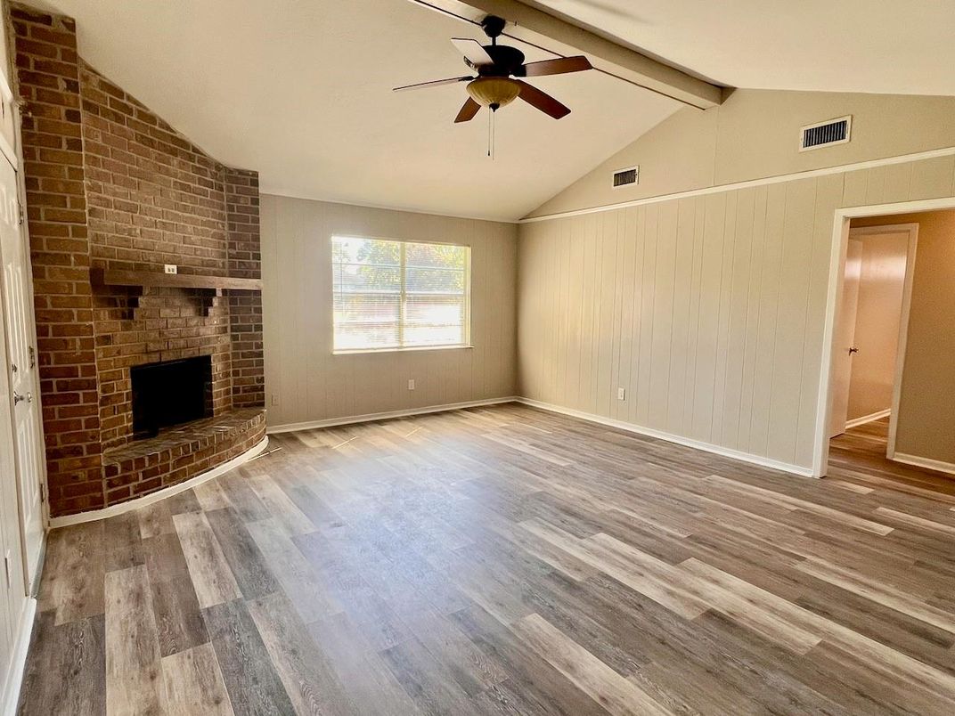 Empty room, Fireplace, Interior, Stone Walls, Wood Texture Flooring