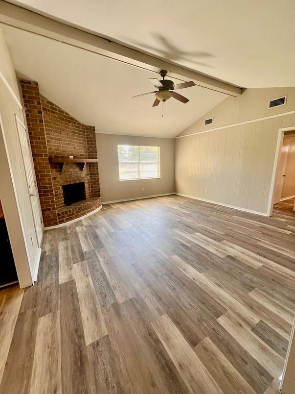 Empty room, Fireplace, Interior, Stone Walls, Wood Texture Flooring