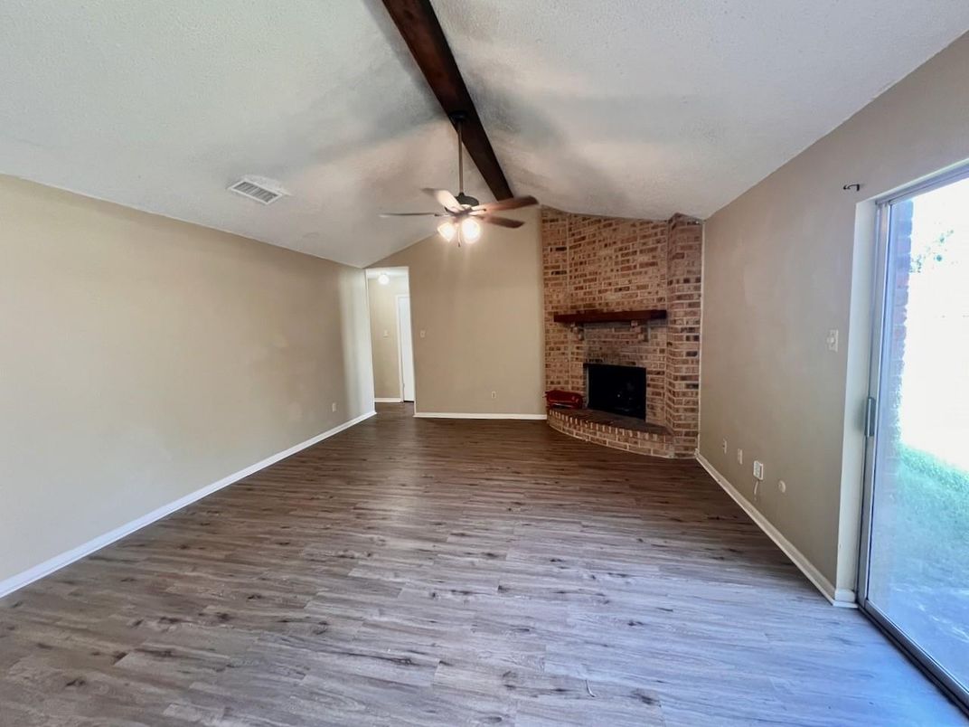 Empty room, Fireplace, Interior, Stone Walls, Wood Texture Flooring