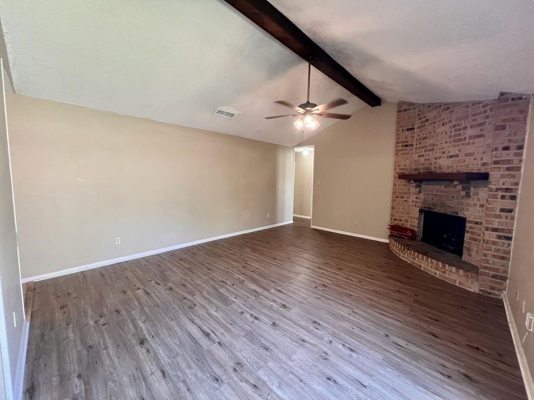Empty room, Fireplace, Interior, Stone Walls, Wood Texture Flooring
