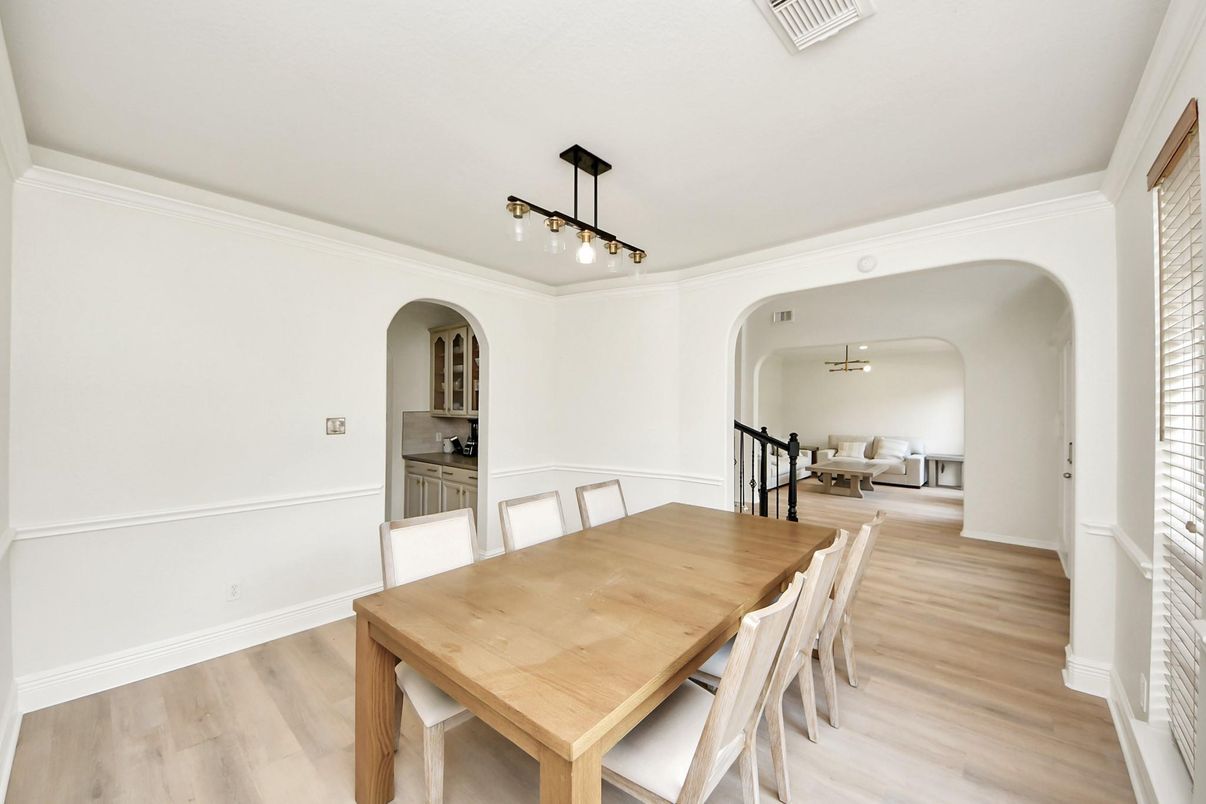 Dining room, Interior, Pendant Lights, Wood Texture Flooring